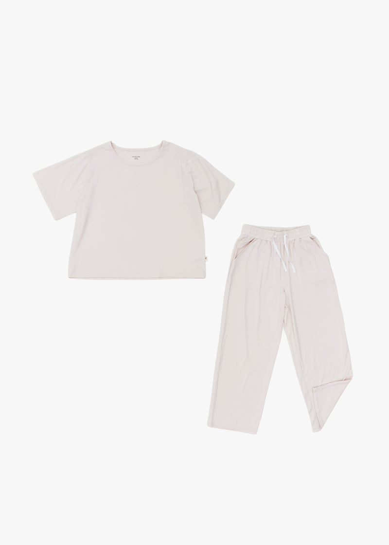 Milana Label women's lounge set in Birch, a warm neutral tone, photographed flat against a white background.