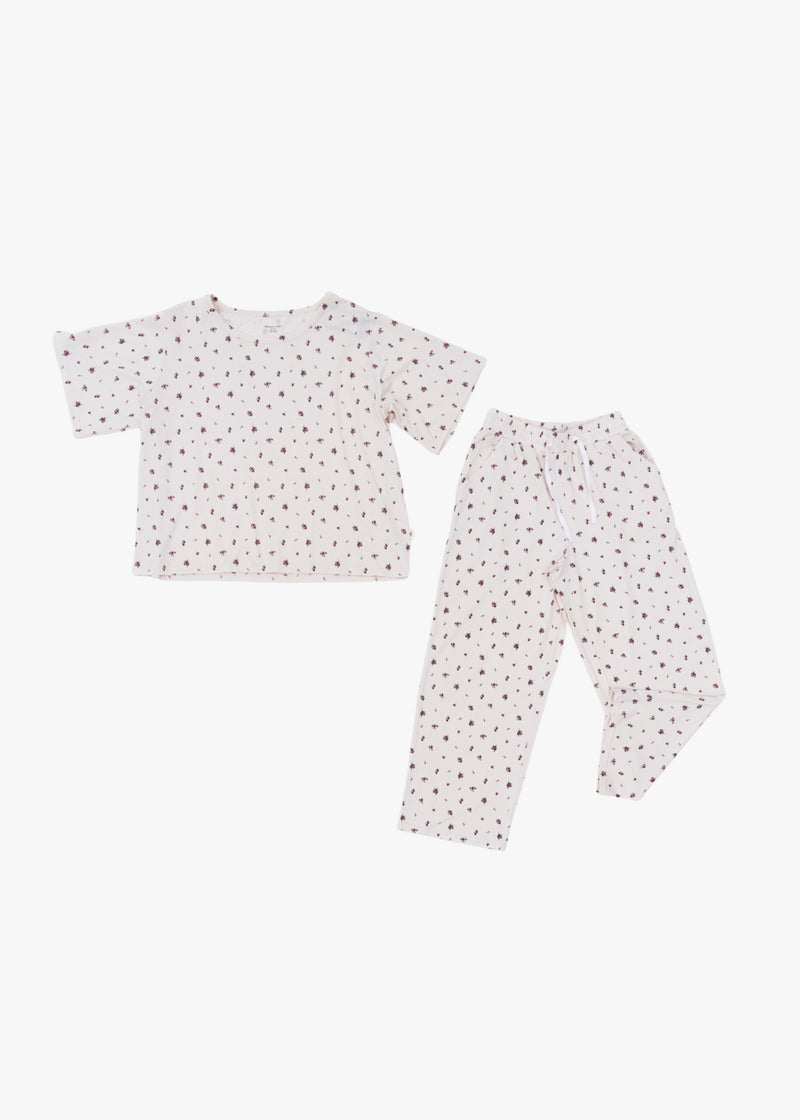 Milana Label women's lounge set in Birch Floral, a warm neutral tone, photographed flat against a white background.