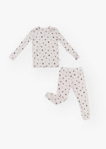 Milana Label kids long sleeve set in Birch Floral, a warm neutral fabric with a scattered dark floral print.