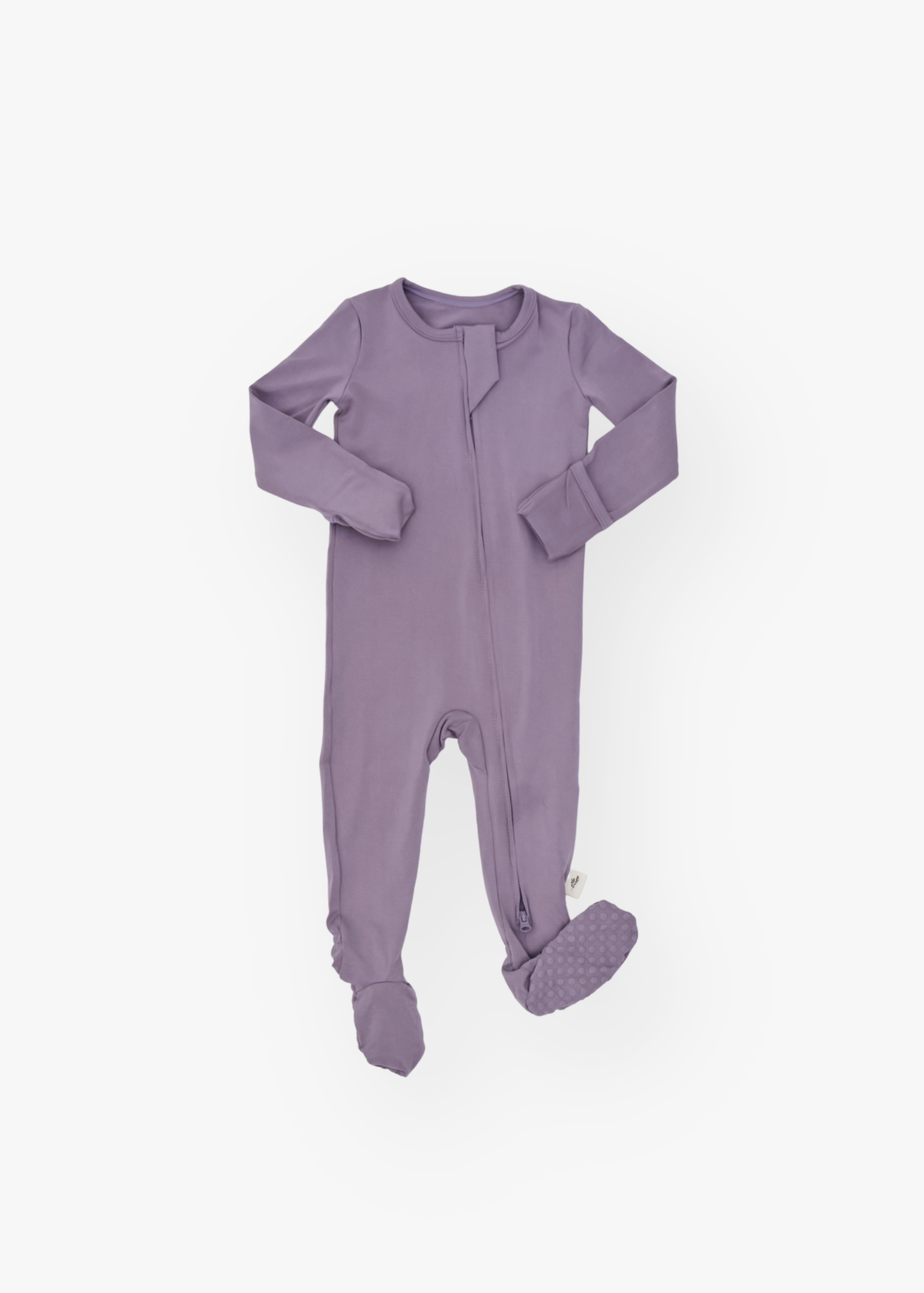 Milana Label kids zip footie sleeper in Wild Mulberry, a muted dusty purple tone, with grip dots on the feet.
