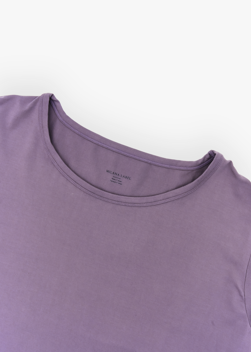 Milana Label women's short sleeve top and wide leg pant set in Wild Mulberry, a muted dusty purple tone.