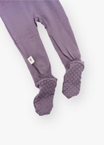 Milana Label kids zip footie sleeper in Wild Mulberry, a muted dusty purple tone, with grip dots on the feet.