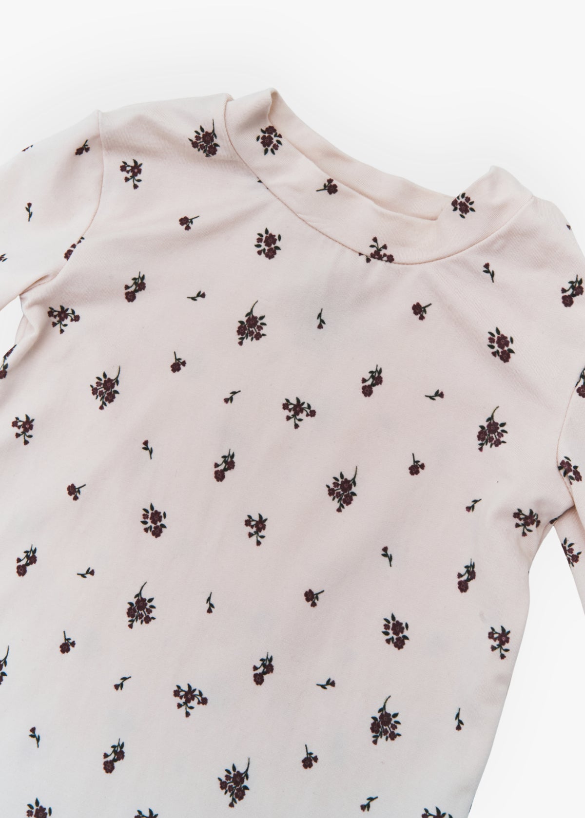 Milana Label kids long sleeve set in Birch Floral, a warm neutral fabric with a scattered dark floral print.