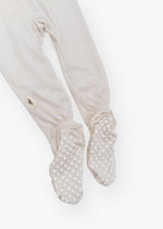 Milana Label kids zip footie sleeper in Birch, a warm neutral tone, with grip dots on the feet.