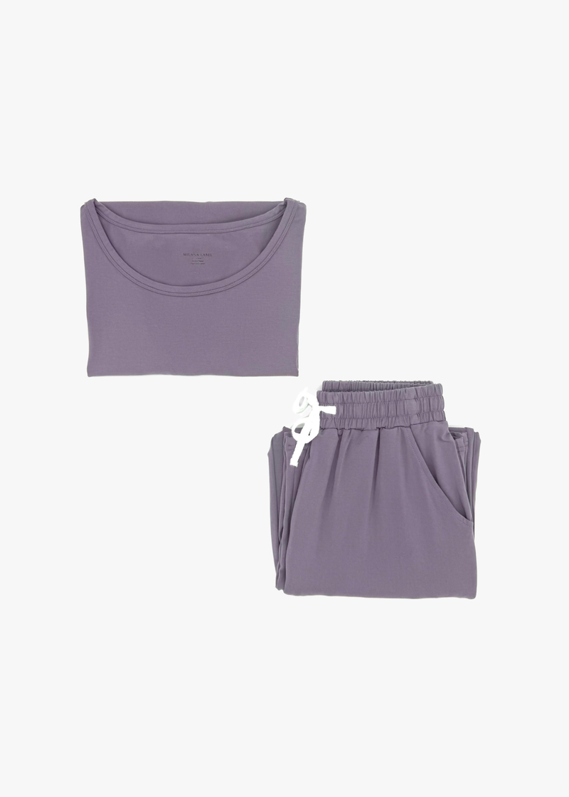 Milana Label Women's Lounge Set in the colour Wild Mulberry on an off-white background.