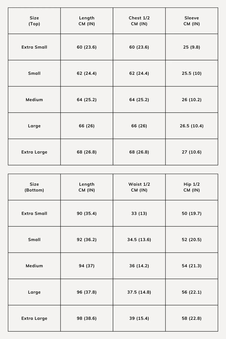 Size chart for our ribbed adult lounge set