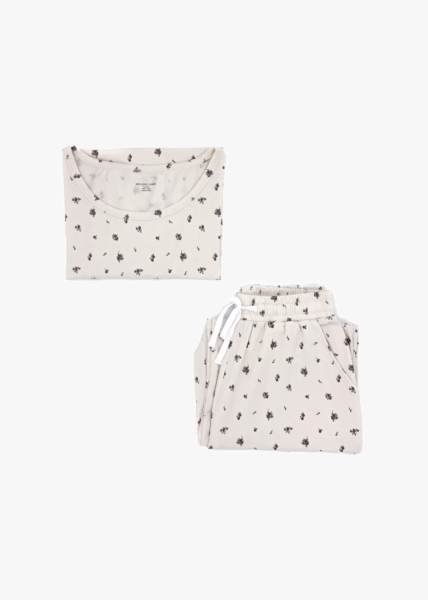 Milana Label Women's Lounge Set in the colour Birch Floral on an off-white background.