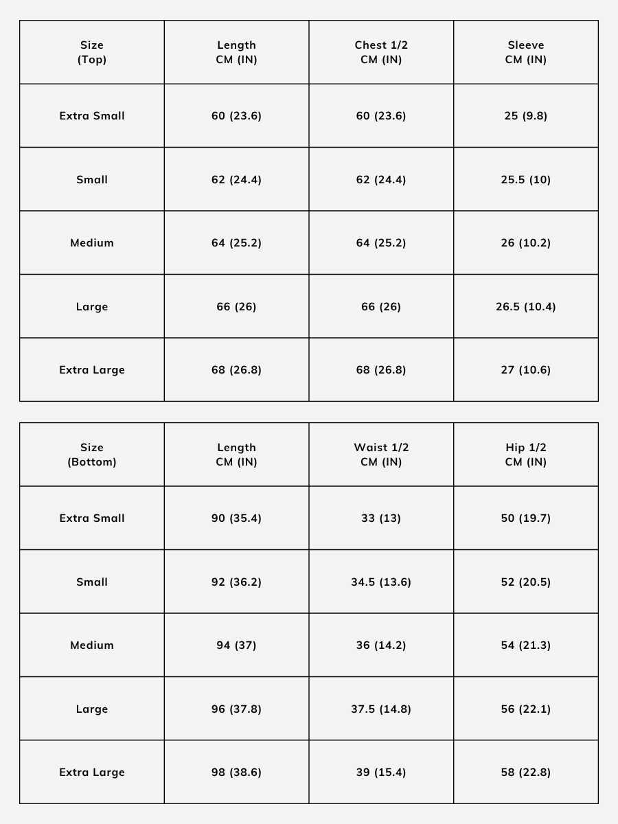 Size chart for our TENCEL™ adult lounge set.