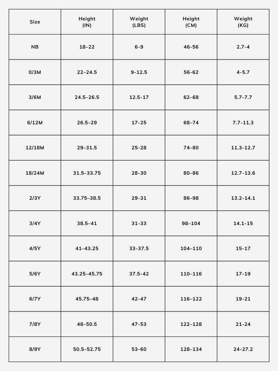 Size chart for our TENCEL™ kids sleepwear.