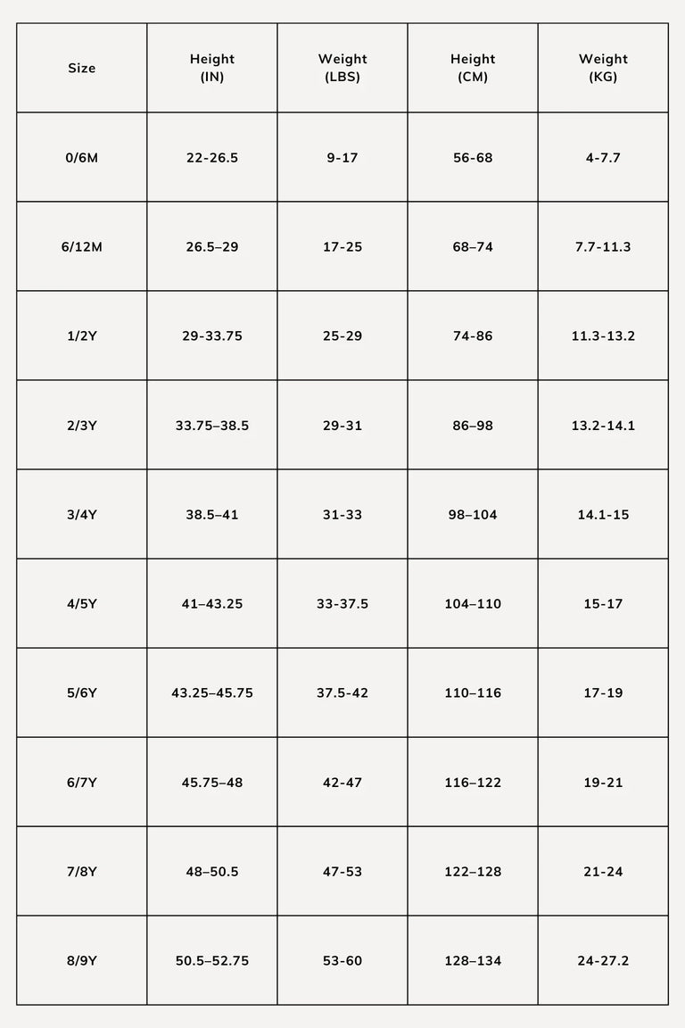 Baby and kid's daywear size chart