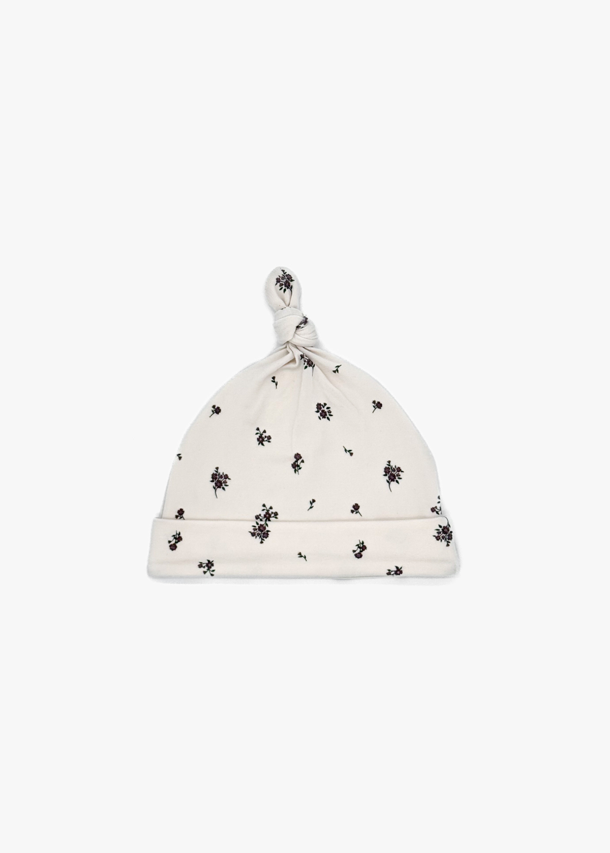 Milana Label Baby Knot Hat in the colour Birch Floral on an off-white background.