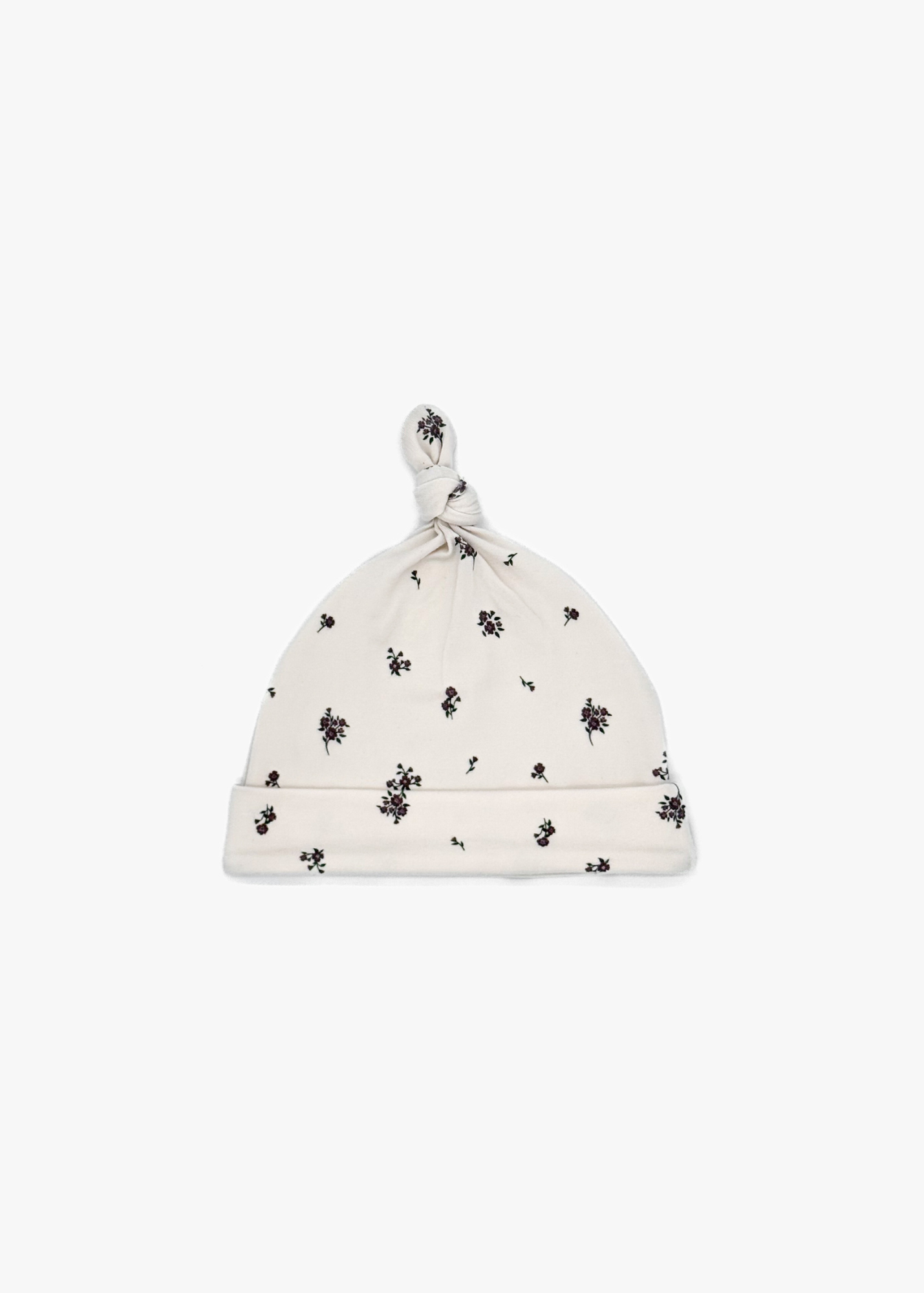 Milana Label Baby Knot Hat in the colour Birch Floral on an off-white background.