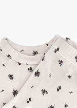 Milana Label Long Sleeve PJ Set  in the colour Birch Floral on an off white background. Highlighting the neckline and elastic waistband.