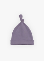 Milana Label knotted baby hat in Wild Mulberry, a muted dusty purple tone, photographed flat against a white background.