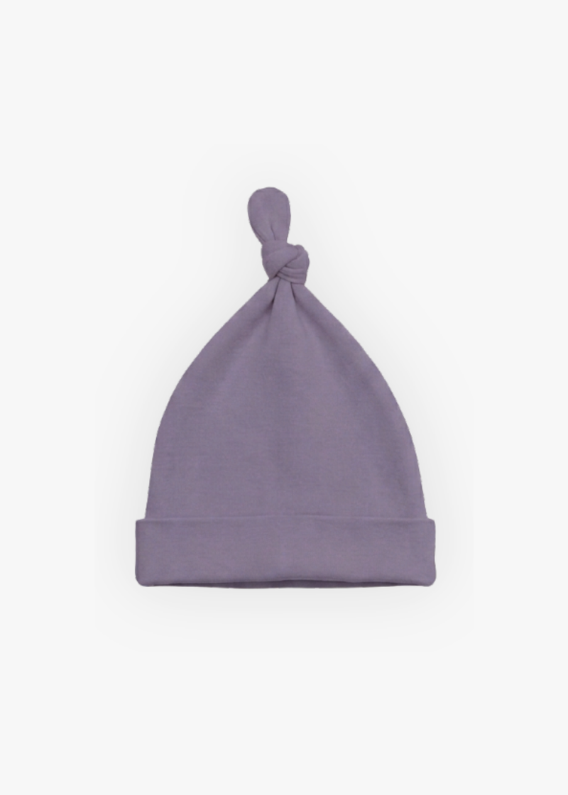 Milana Label knotted baby hat in Wild Mulberry, a muted dusty purple tone, photographed flat against a white background.