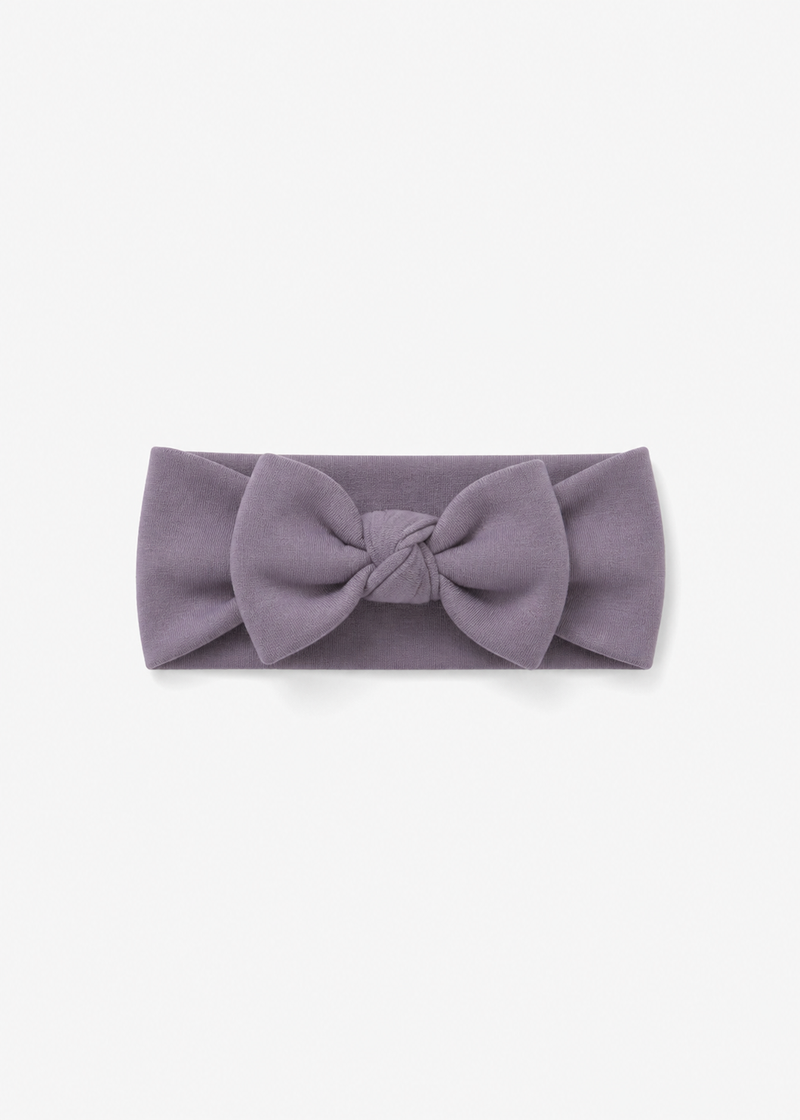 Milana Label baby bow headband in Wild Mulberry, a muted dusty purple tone, photographed flat against a white background.