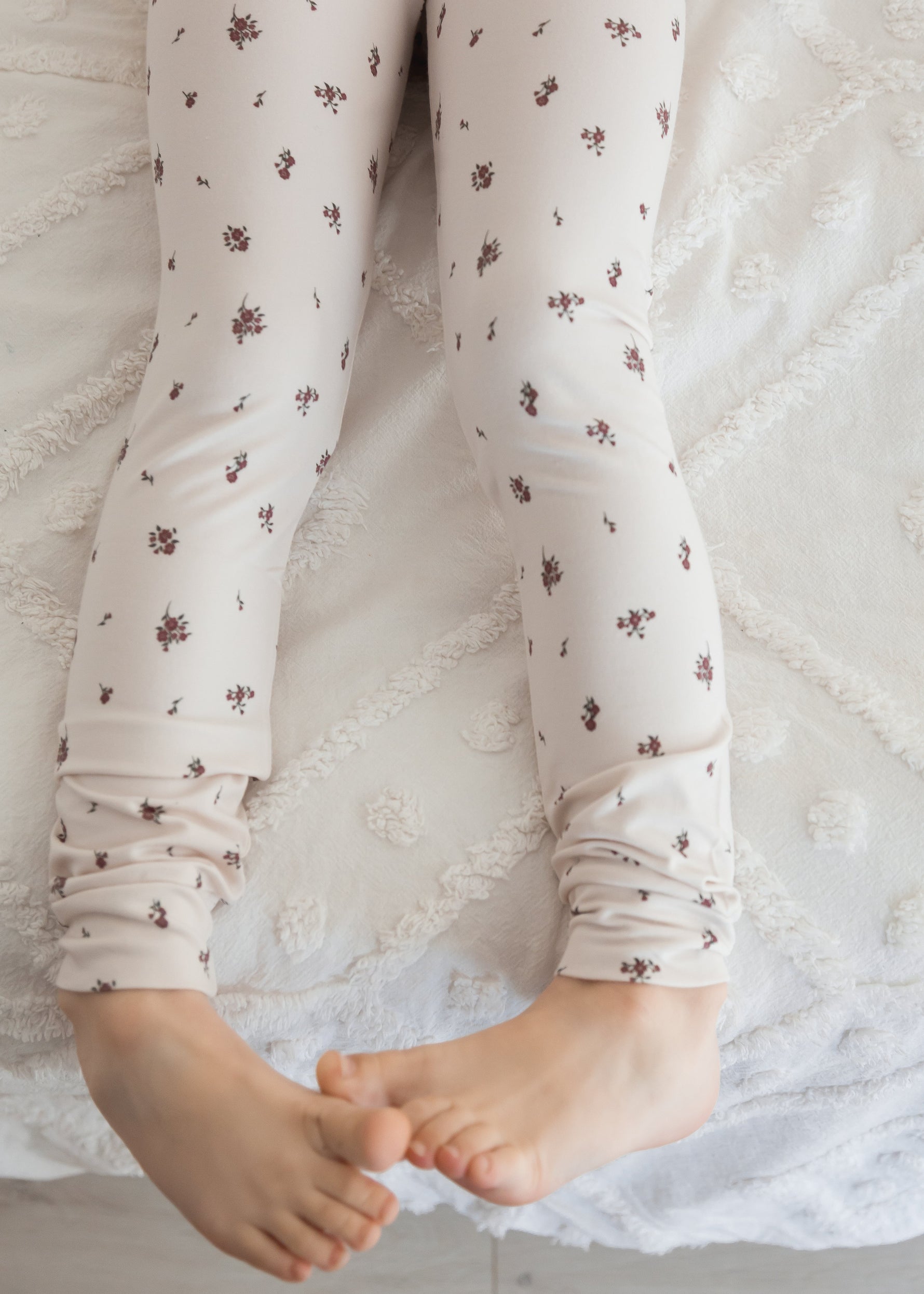 A close-up of the Birch Floral fabric on the Milana Label PJ set for toddlers and kids.