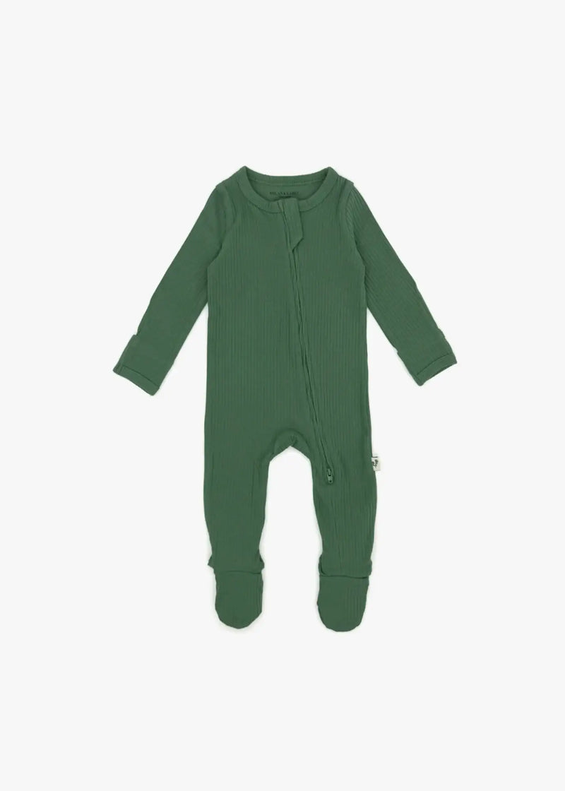 Milana Label organic cotton ribbed baby footie sleeper PJ in Pine green, displayed flat against a clean white background.