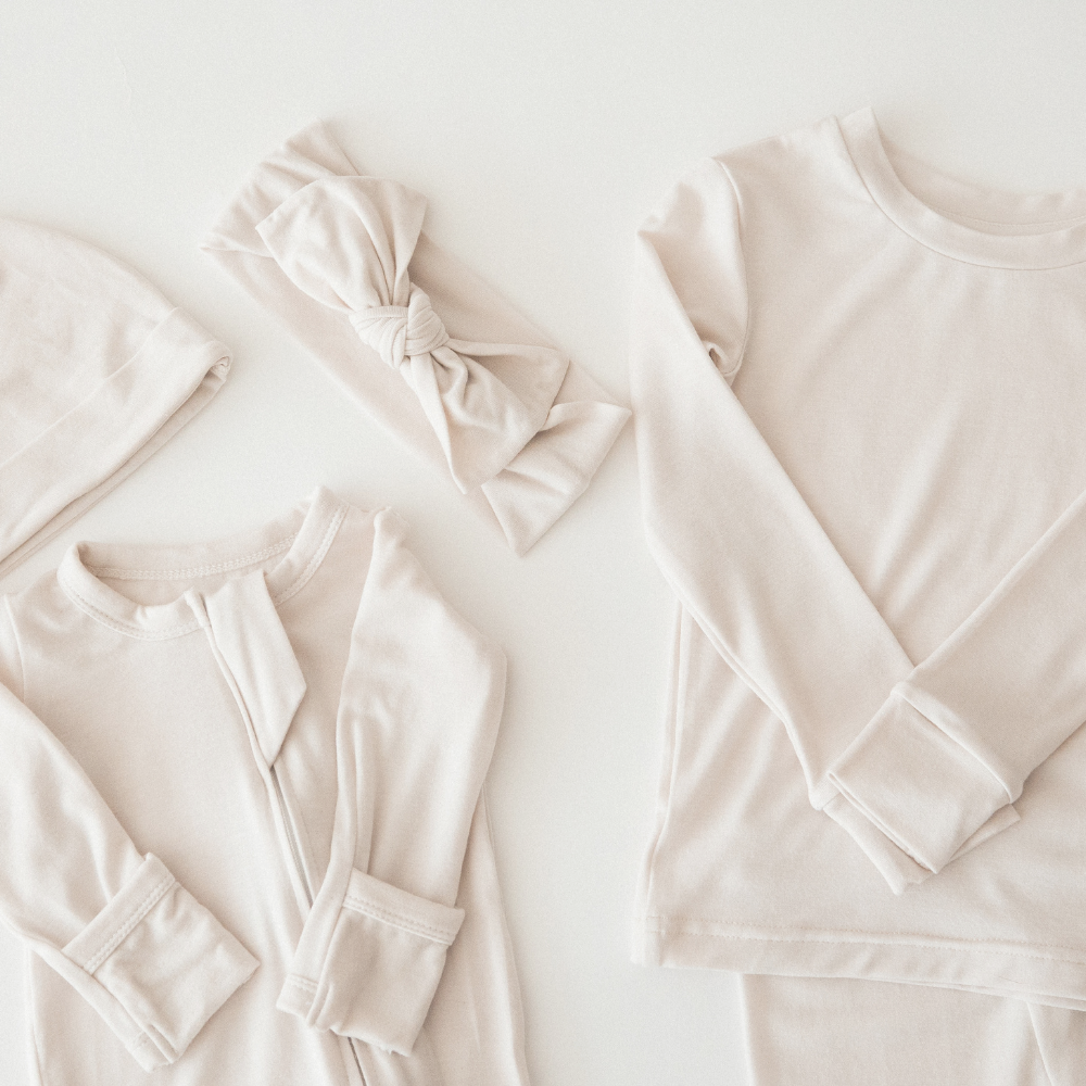 Close up of Milana Label neutral pjs for kids.