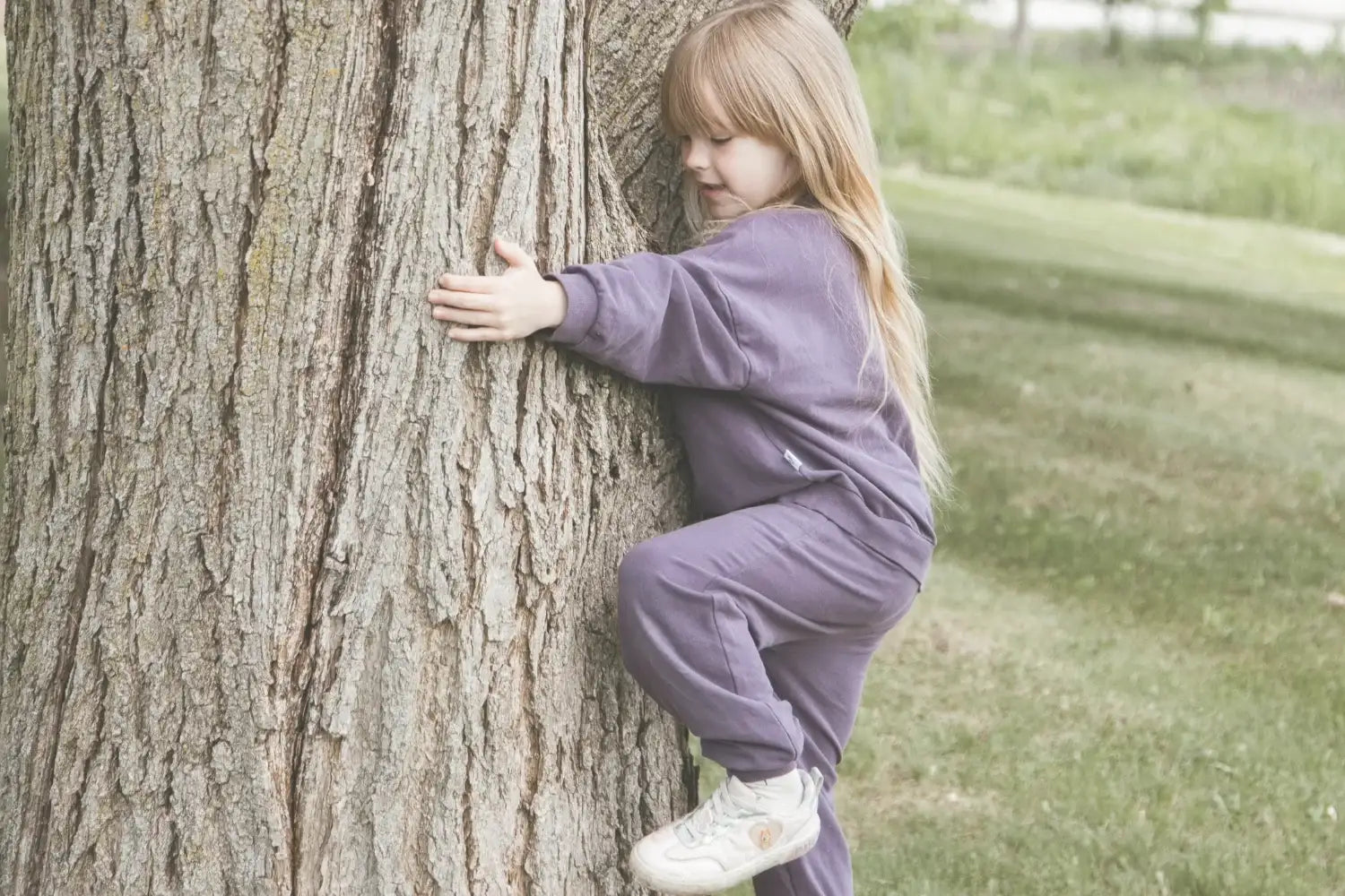 A young girl with long blonde hair wearing a jogger set in the colour Elderberry climbing on a large tree trunk in a grassy park