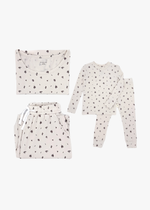 Milana Label mommy and me matching pajama bundle, adult and kids Milana Soft™ TENCEL™ pyjama sets laid flat side by side.