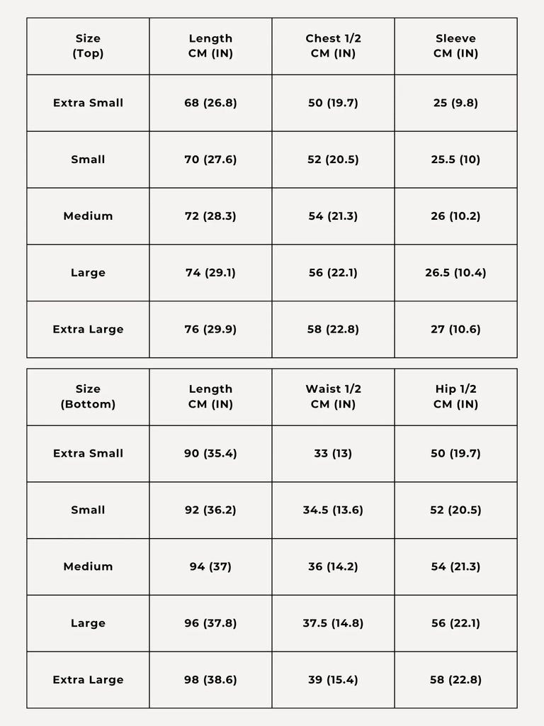 Ribbed adult pj set size chart