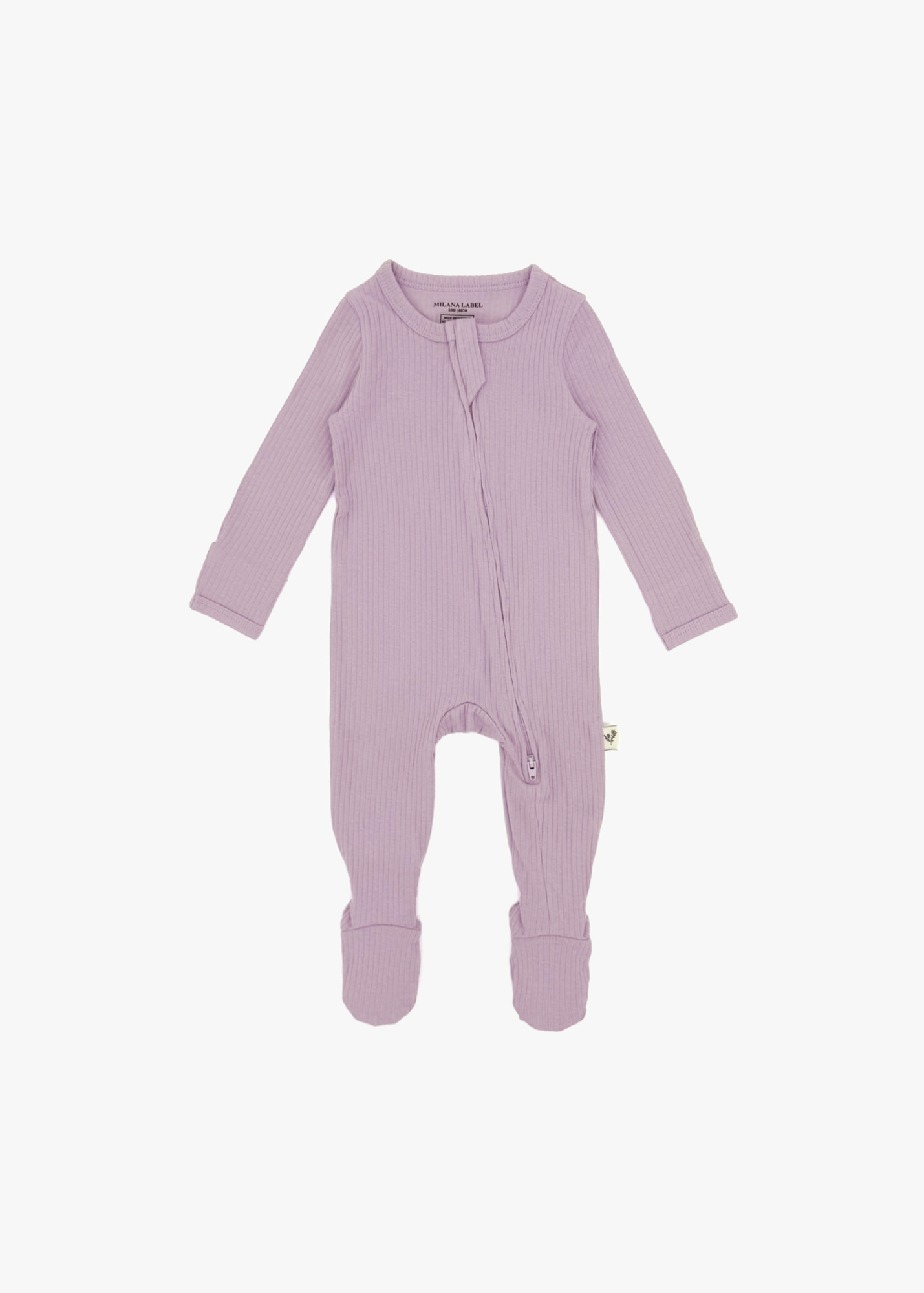 Milana Label organic cotton ribbed baby footie sleeper PJ in Lavender Blush, displayed flat against a clean white background.