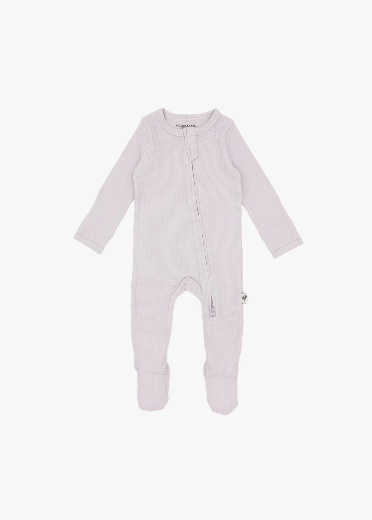 Milana Label organic cotton ribbed baby footie sleeper PJ in Petal pink, displayed flat against a clean white background.