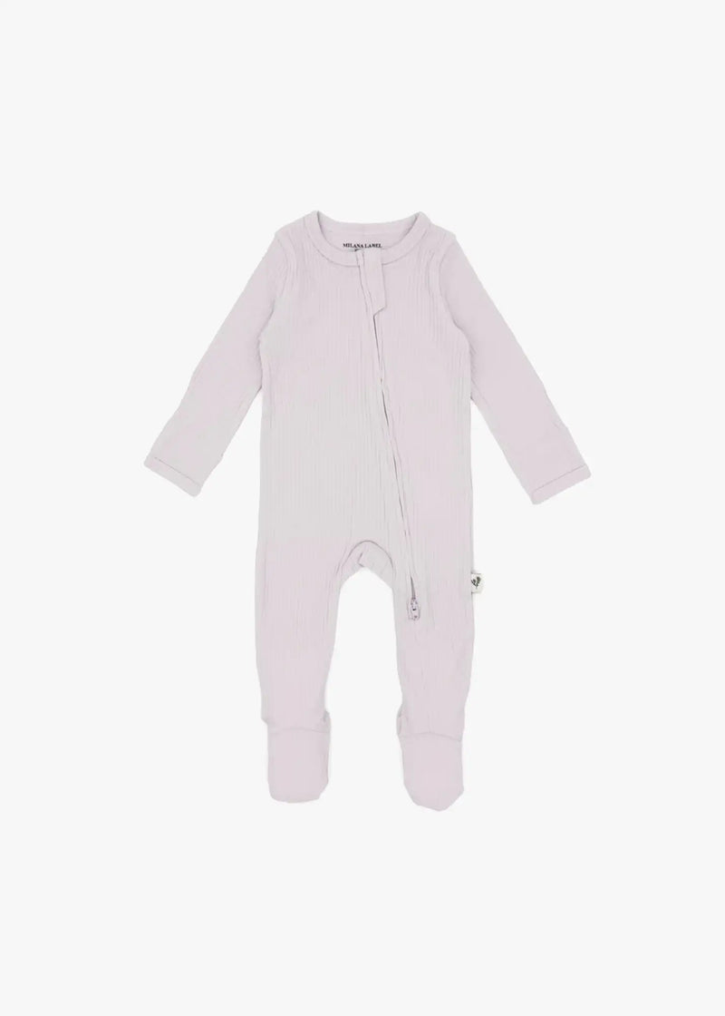 Milana Label organic cotton ribbed baby footie sleeper PJ in Petal pink, displayed flat against a clean white background.