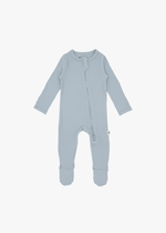 Milana Label organic cotton ribbed baby footie sleeper PJ in Soft Slate blue, displayed flat against a clean white background.