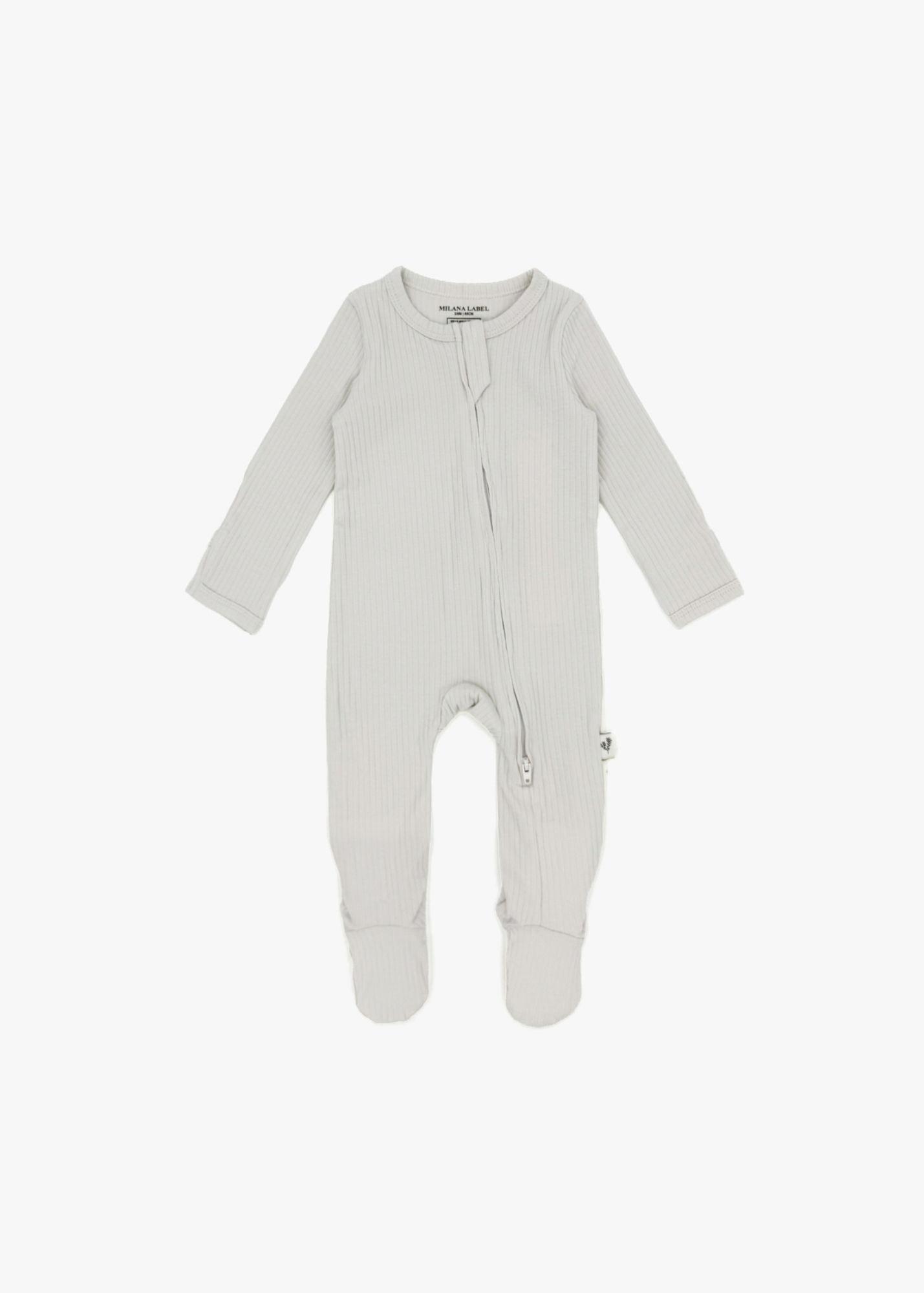 Milana Label organic cotton ribbed baby footie sleeper PJ in Stone greige, displayed flat against a clean white background.