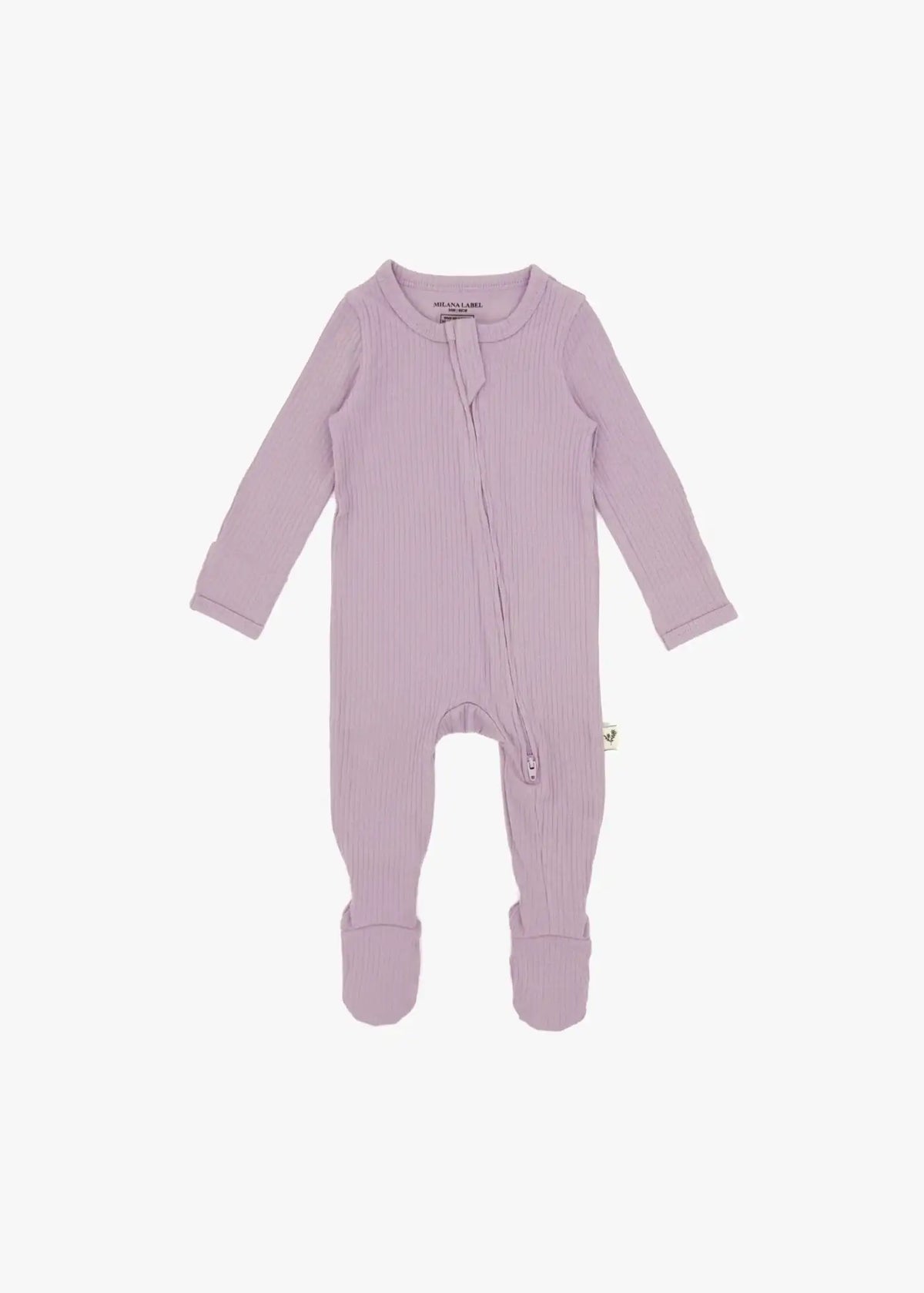 A flat lay of a ribbed zippered sleeper in the colour Lavender Blush by Milana Label.